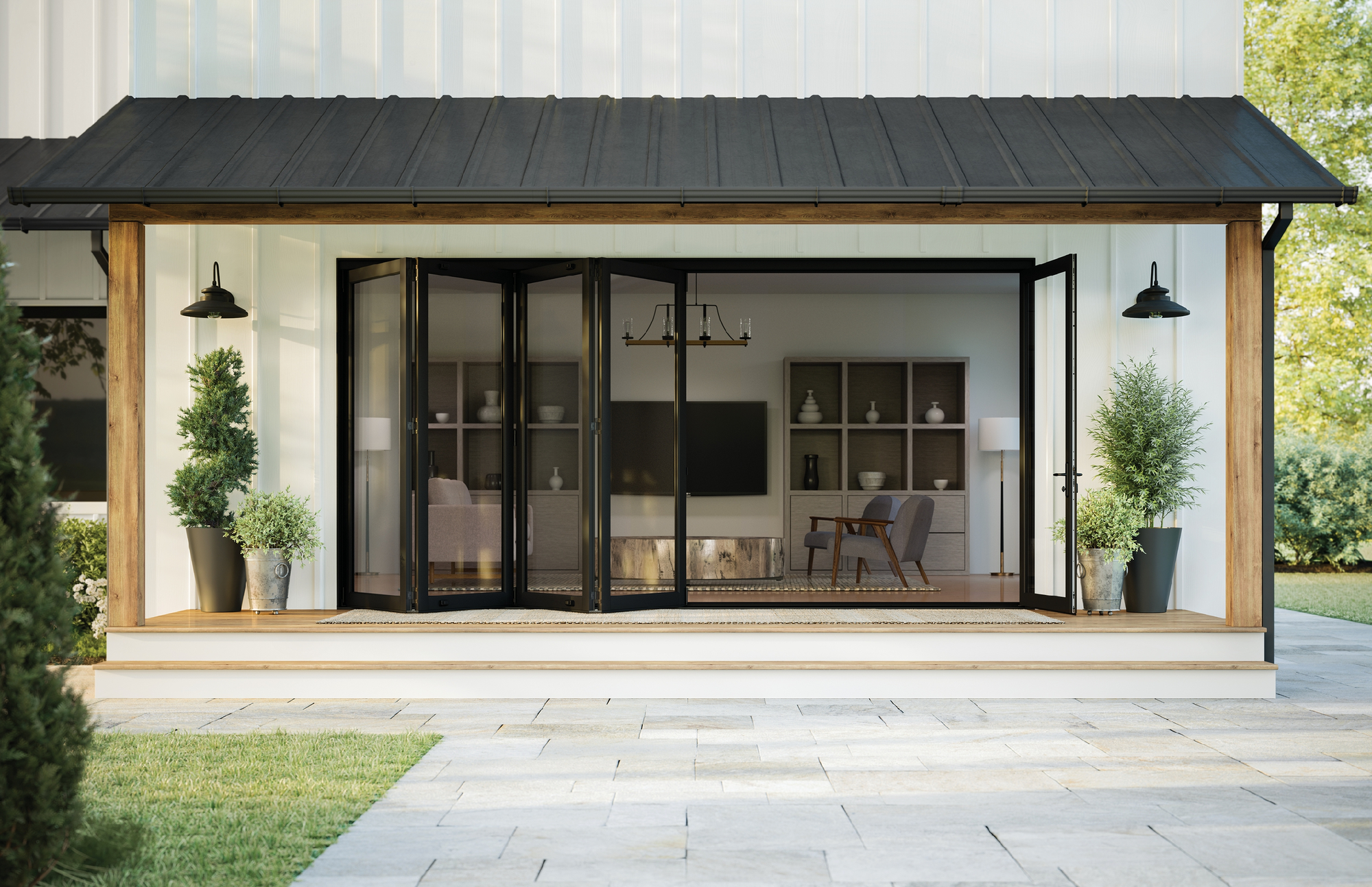 Modern home exterior with black-framed bifold patio doors fully open, showcasing stylish design and highlighting the parts of a casement window