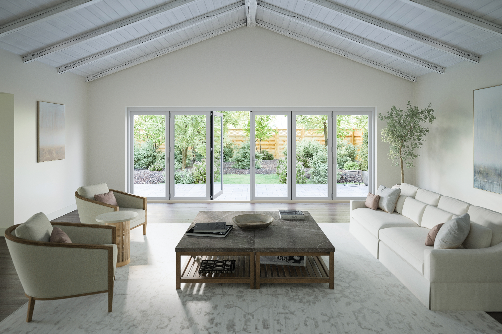 Modern living room with large bifold glass doors fully opened to a lush backyard, showcasing the parts of a window and door in a sleek design
