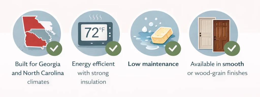 graphic of fiberglass front doors installation benefits including energy efficiency and low maintenance