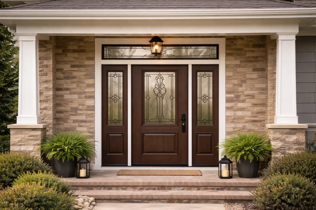photo of fiberglass front doors installation on a luxury home entry with sidelites and transom