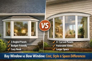 graphic of bay window vs bow window comparison showing angled bay window and curved bow window exterior