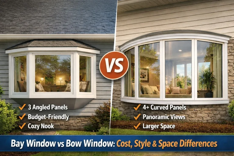 graphic of bay window vs bow window comparison showing angled bay window and curved bow window exterior