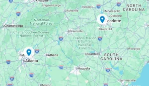 graphic of map higlight Atlanta and Charlotte for fiberglass door replacement services