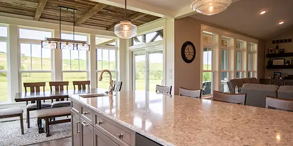 image of kitchen with large window and garden view