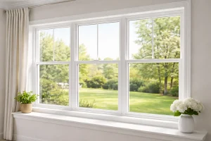 image of white wondows showing bright garden view portraying vinyl windows benefits