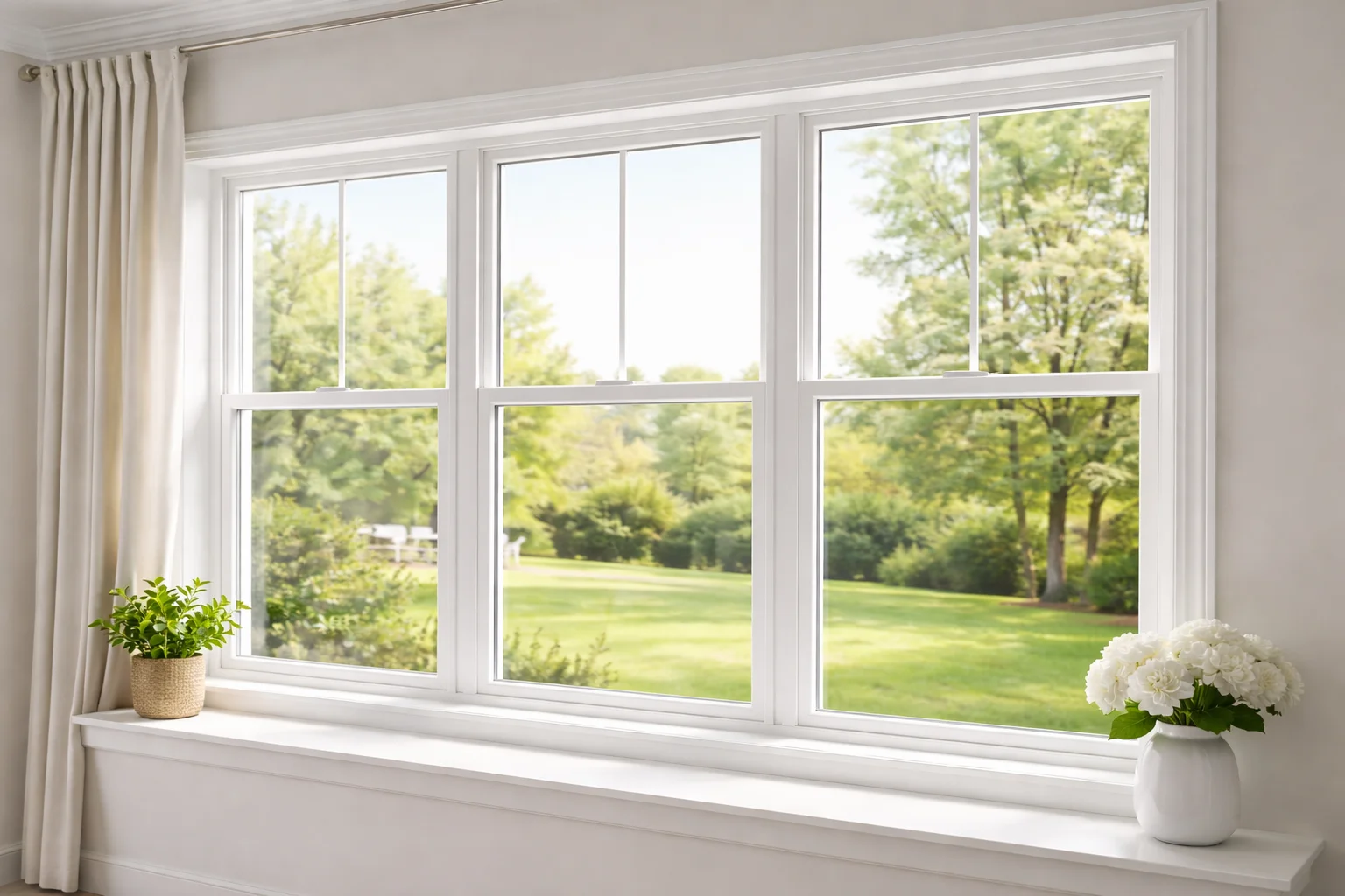 image of white wondows showing bright garden view portraying vinyl windows benefits