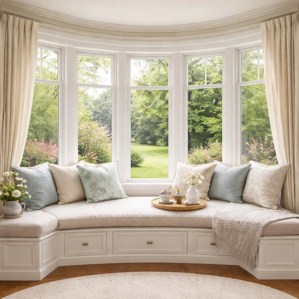 photo of bow window seating area showing natural light example in bay window vs bow window comparison