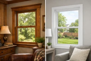Image of wood vs. vinyl windows interior comparison showing oak-framed and white double-hung styles in cozy rooms