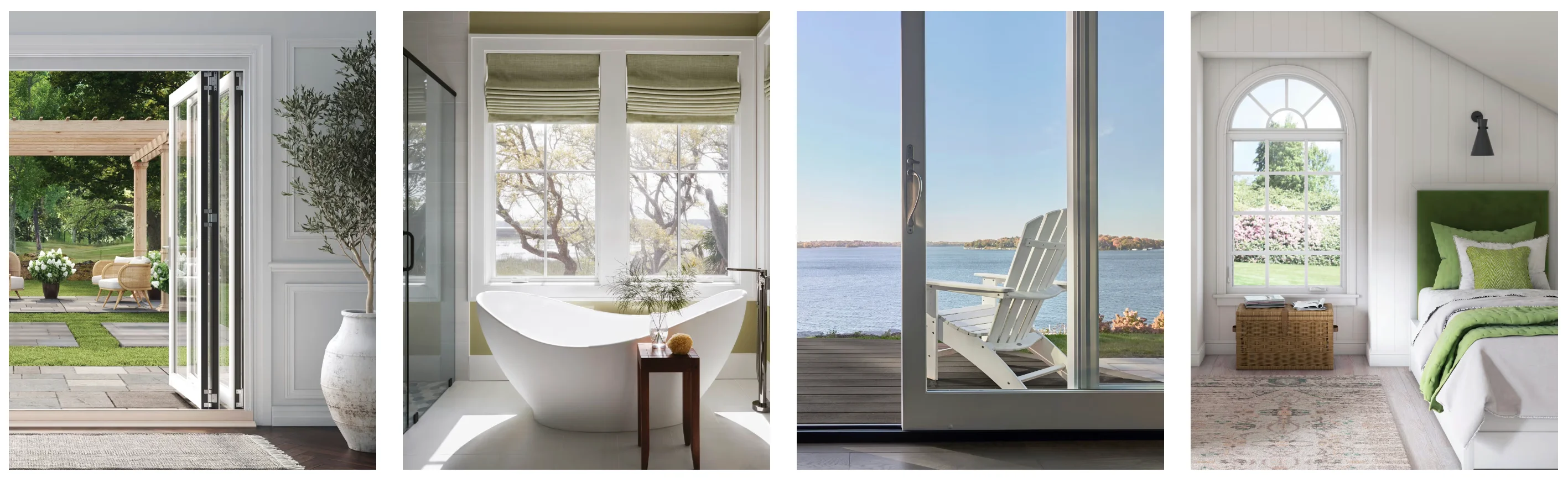 Image of Marvin Elevate fiberglass windows in four bright interior settings including a bathroom and bedroom