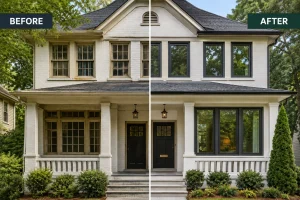 Image of a home before and after window replacement, showing when to replace windows improves curb appeal