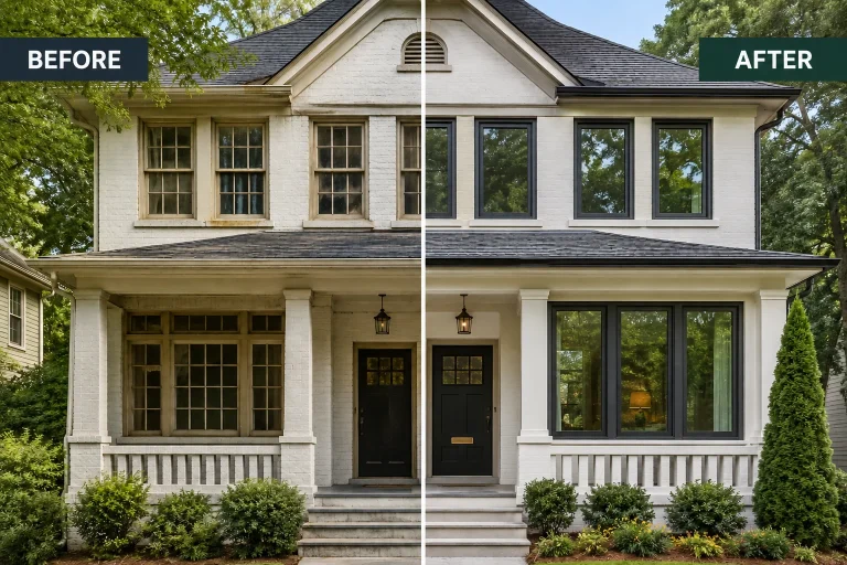 Image of a home before and after window replacement, showing when to replace windows improves curb appeal