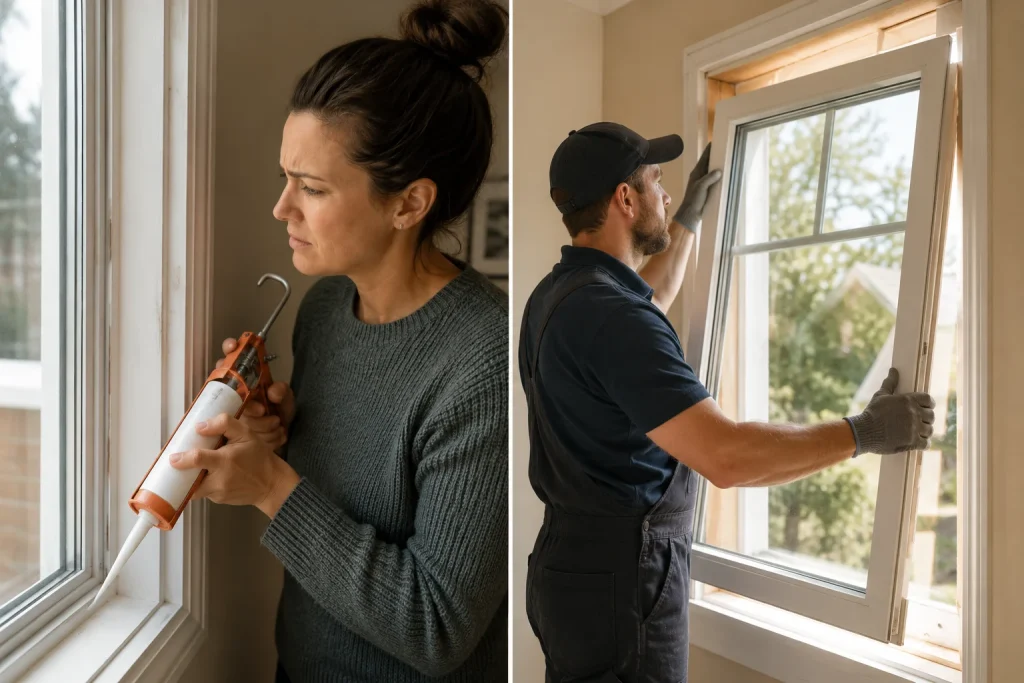 Image of a homeowner caulking versus a contractor installing, illustrating when to replace windows or repair them