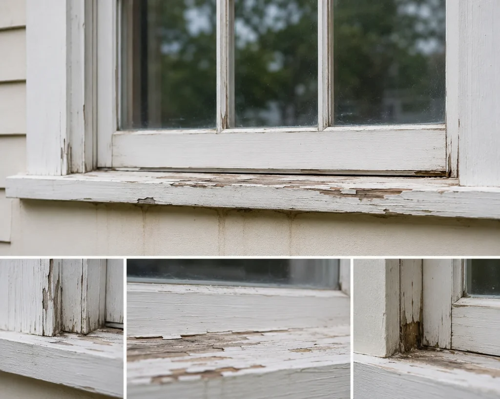 Image of rotting, peeling window frame showing visible damage and when to replace windows in older homes