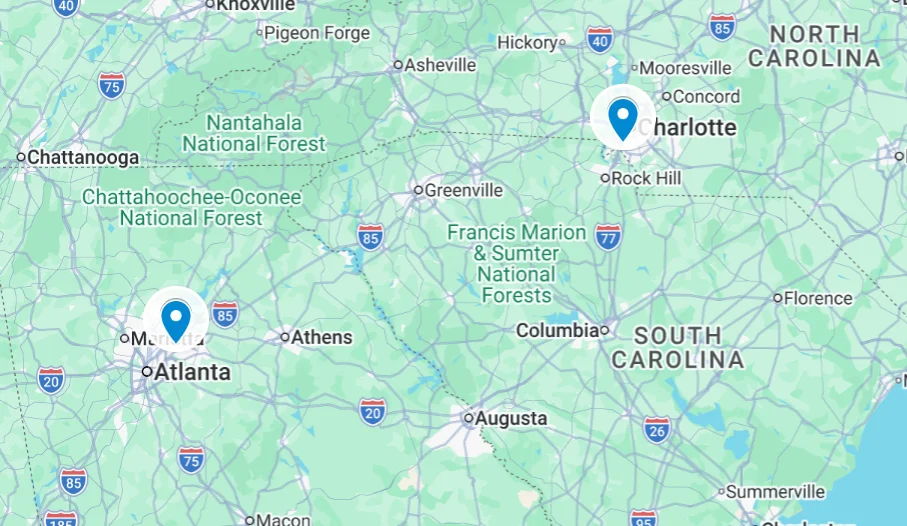 graphic of map highlighting Atlanta and Charlotte for best window replacement services