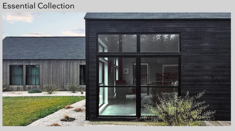 Image of Essential Collection Marvin windows on charred wood modern home exterior with large glass