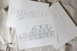 Image of architectural floor plans and elevation sketch for a custom home window and door project