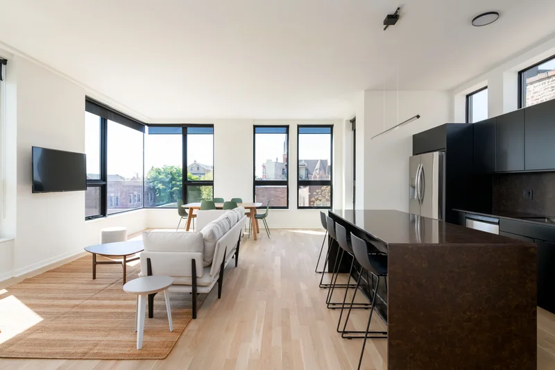 Image of black-framed windows flooding an open-plan living and kitchen space with natural light