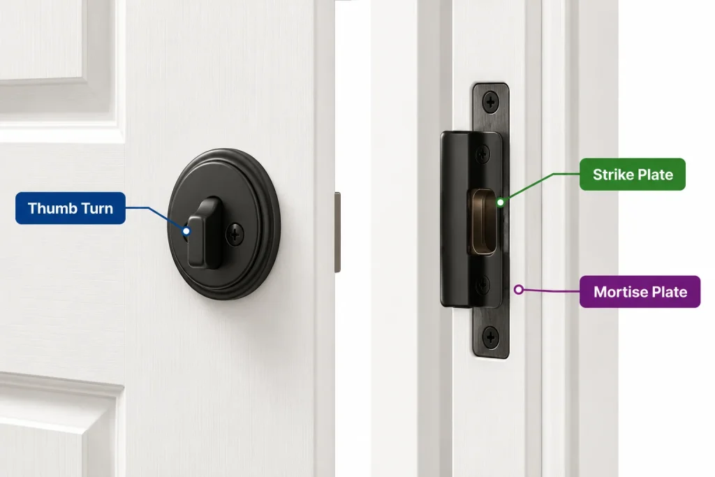 Diagram of door hardware showing the thumb turn, strike plate, and mortise plate