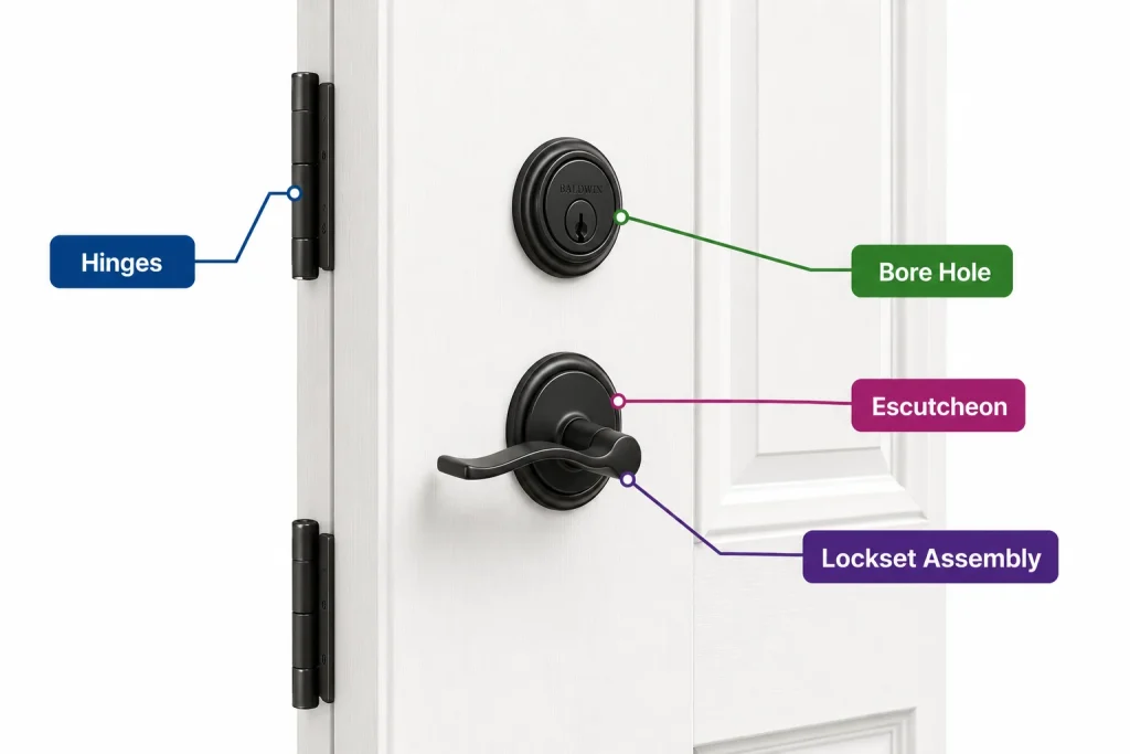 Diagram of door lockset hardware showing hinges, bore hole, and escutcheon