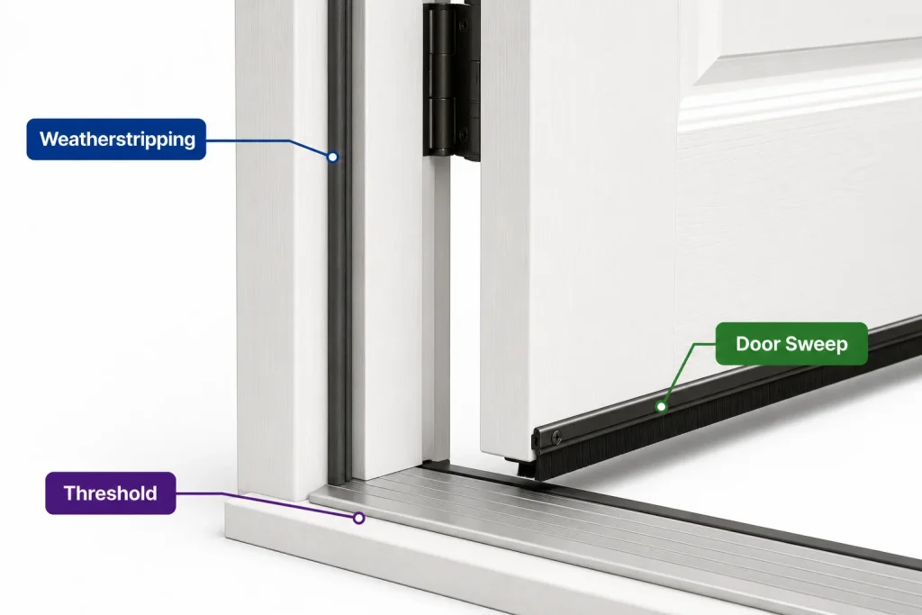 Diagram of door weatherstripping, sweep, and threshold along the bottom edge