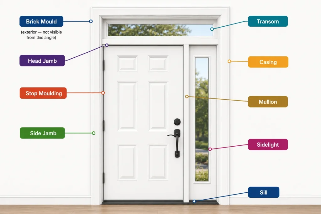 Diagram of exterior door frame components including head jamb, sidelight, mullion, and sill