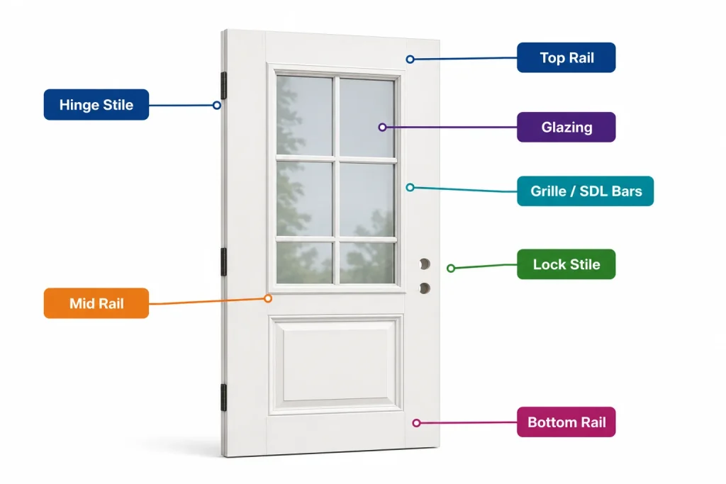 Diagram of parts of a door panel including stiles, rails, and glazing on a door slab