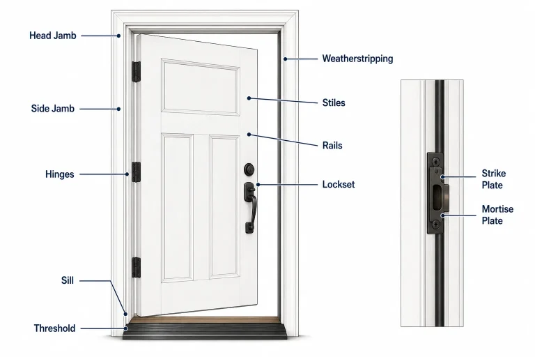 Diagram of parts of a door showing the frame, panel, hardware, and hinges