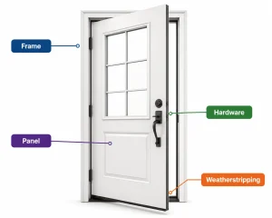 Diagram of parts of a door showing the frame, panel, hardware, and weatherstripping on an exterior door