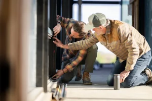 Image of two installers fitting a new window frame during a professional home window replacement