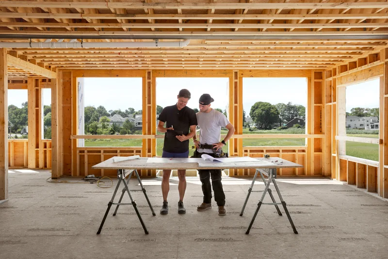 Image of two professionals reviewing Marvin window installation plans inside a home under construction
