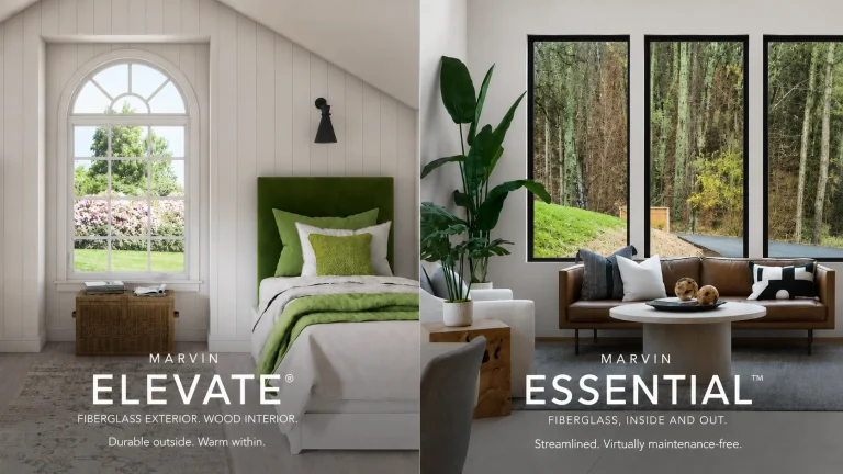 Image of Marvin Elevate vs Essential windows compared in a bedroom and living room