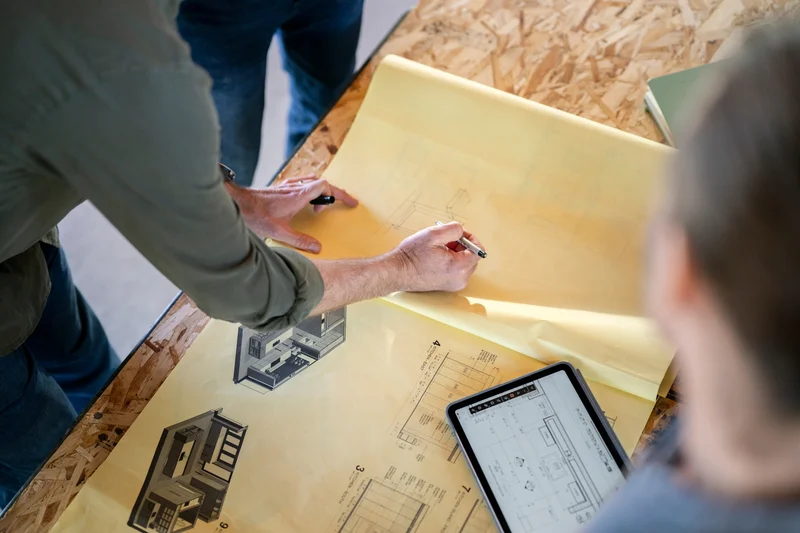 Image of a consultant marking up architectural plans during a home project review
