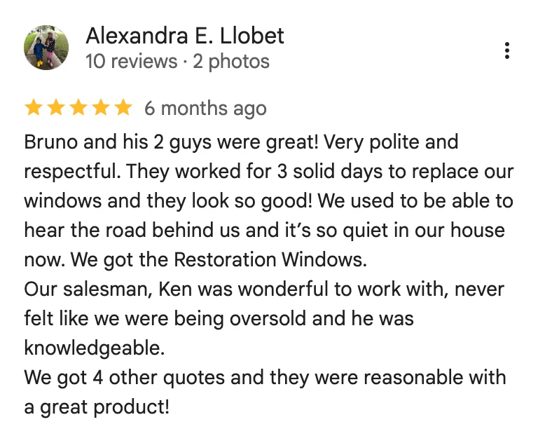 Screenshot of a 5-star review by Alexandra E. Llobet praising Davis Window and Door's Restoration Windows and no-pressure sales