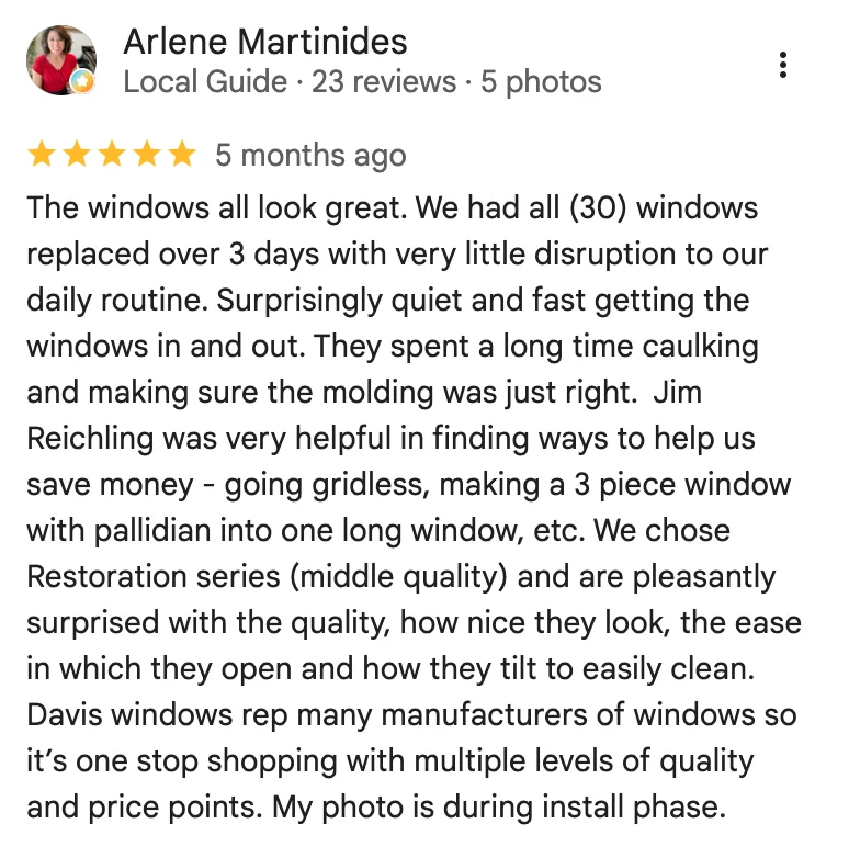 Screenshot of a 5-star review by Arlene Martinides praising Davis Window and Door's Restoration series window installation